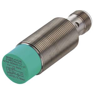 Ein zylindrischer Sensor mit hellgrüner Kappe und Metallgewinde, geeignet für industrielle Anwendungen.