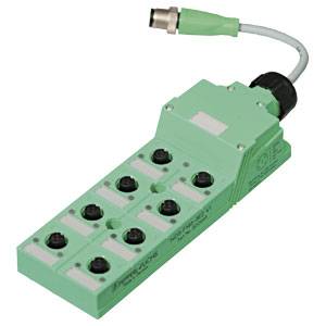 Grünes elektronisches Gerät mit acht schwarzen Anschlüssen und einem Kabel.
