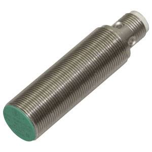 Zylindrischer Sensor mit Gewinde, Metallgehäuse und Kunststoffspitze. Geeignet für industrielle Anwendungen zur Objekterkennung.