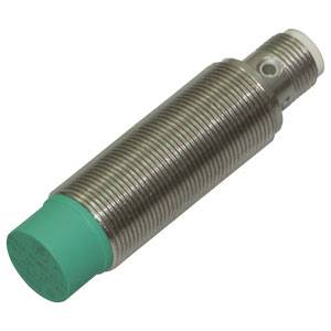 Zylindrischer, metallischer Sensor mit grüner Kunststoffspitze, der in der Automatisierung für berührungslose Erfassung eingesetzt wird.
