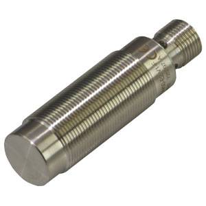 Zylindrischer Induktionssensor, metallisches Gehäuse, Gewinde zur Befestigung, zur Erkennung von Metallobjekten in industriellen Anwendungen.