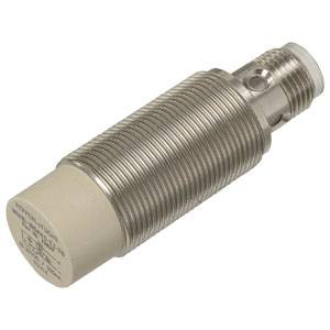 Ein zylindrischer Sensor aus Metall mit Gewinde. Der Kopf ist cremefarben und abgerundet. Er wird zur Objekterkennung verwendet.