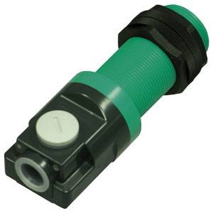 Grüner und schwarzer zylindrischer Sensor mit elektronischer Komponente, geeignet für industrielle Anwendungen.