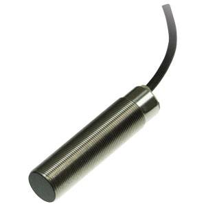 Ein zylindrischer, metallischer Sensor mit Kabel, wahrscheinlich ein berührungsloser Näherungssensor, zur Objekterkennung.