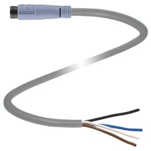 Ein graues Kabel mit einem blauen Stecker und offenen Enden, die vier unterschiedlich farbige Drähte zeigen: schwarz, braun, blau und weiß.