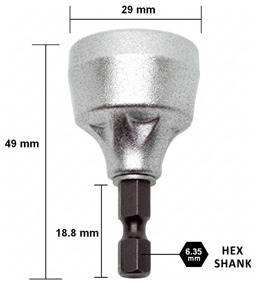 Silberner Sechskant-Schaftadapter, mit einer Breite von 29 mm und einer Höhe von 49 mm, mit 6,35 mm Sechskantschaft und einer Einsatzlänge von 18,8 mm.