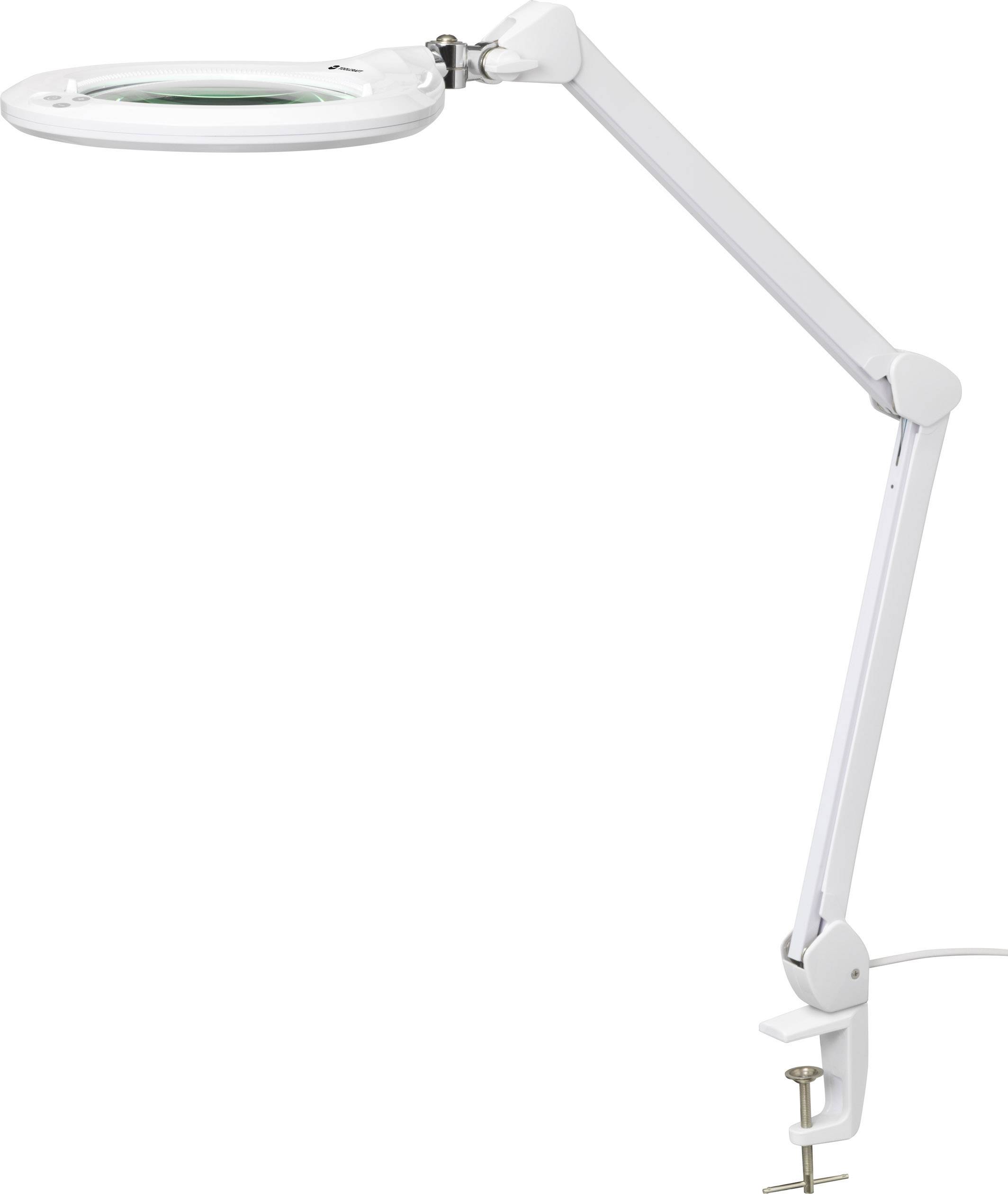 Eine verstellbare weiße Schreibtischlampe mit Lupe, befestigt an einem Tischrand. Ideal für präzise Arbeiten und Vergrößerungen.