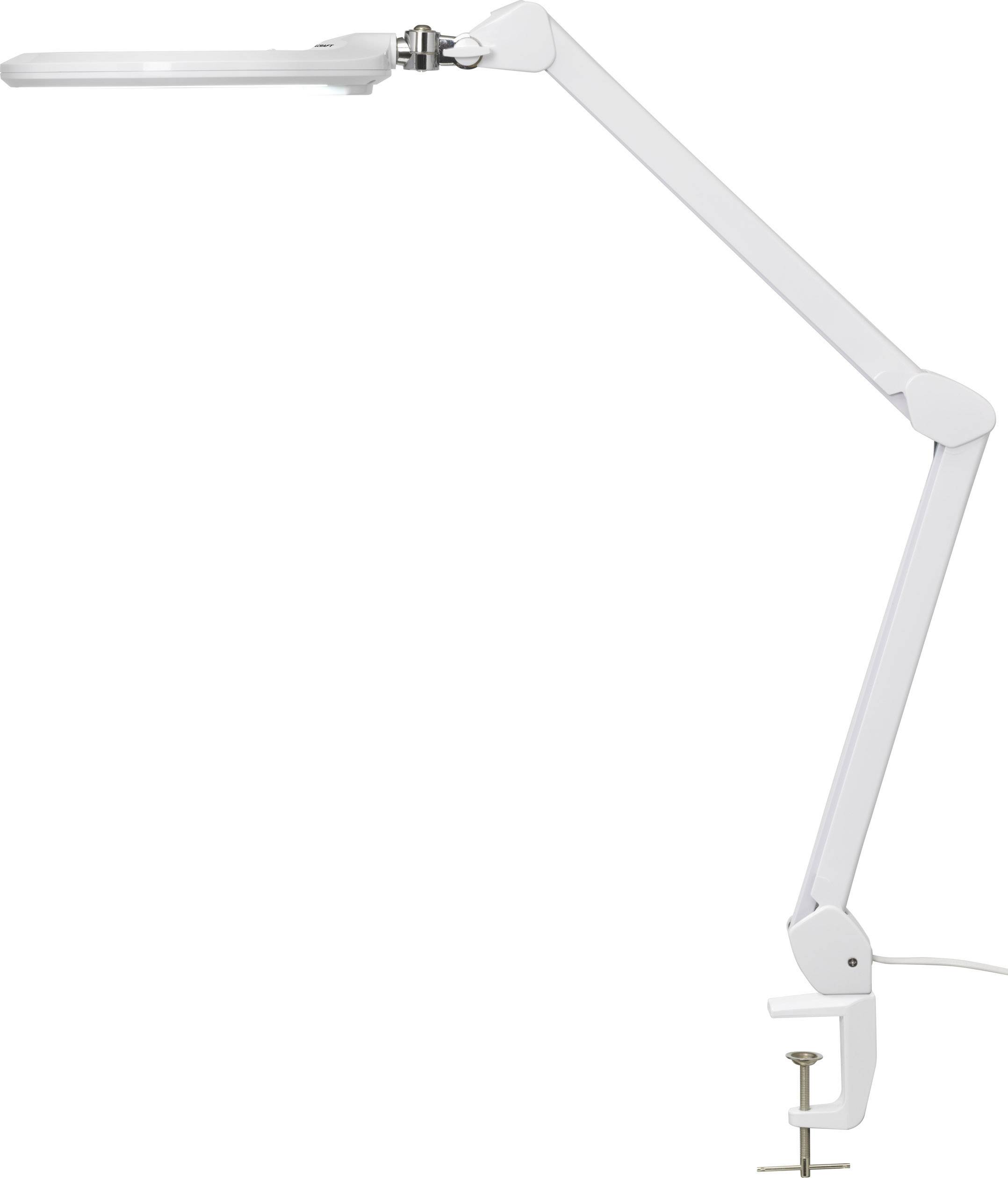 Eine weiße Schreibtischlampe mit verstellbarem Arm ist an einem Tisch befestigt.