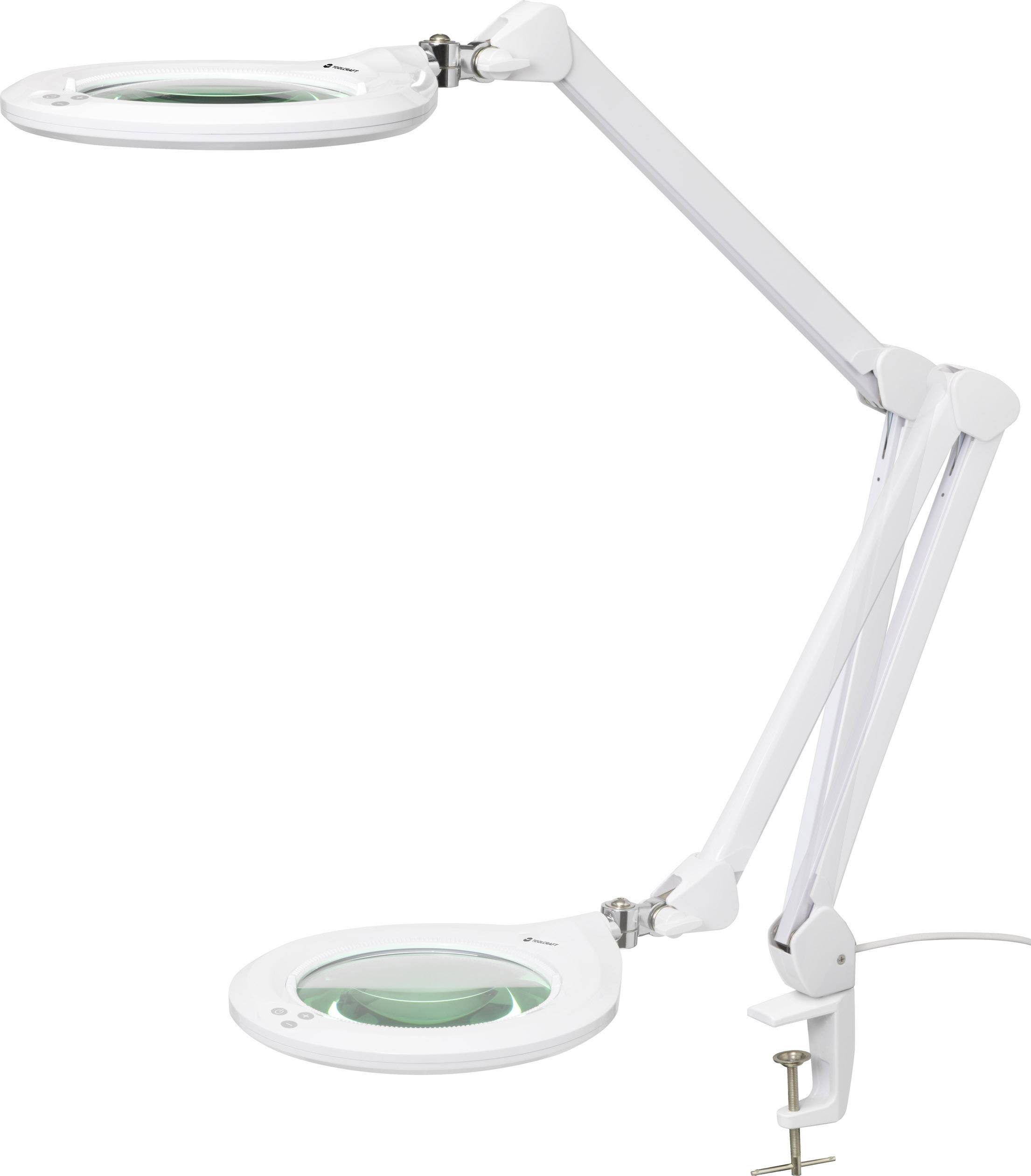 Weiße LED-Lupenleuchte mit verstellbarem Arm und Tischklemme, ideal für präzises Arbeiten oder Lesen bei guter Beleuchtung.