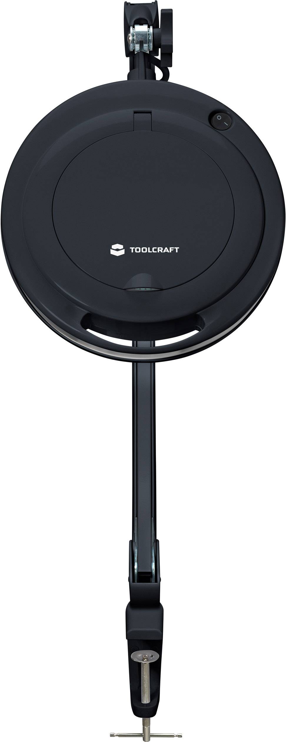 Schwarze automatische Kabeltrommel der Marke Toolcraft, an einer Halterung befestigt.