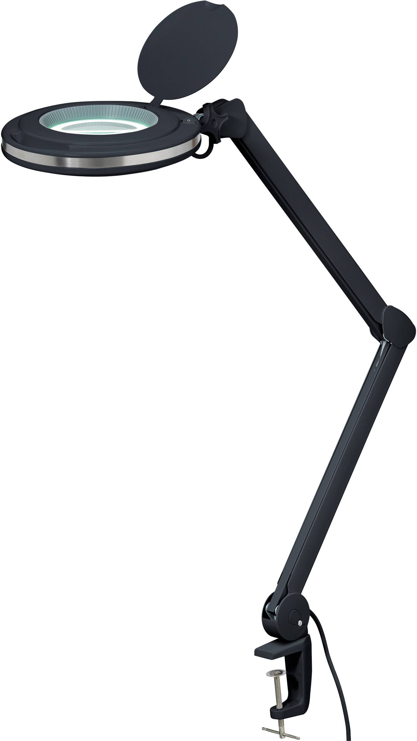Schwarze Lupenlampe mit verstellbarem Arm, Klemme zur Befestigung an einer Tischkante, ideal für Präzisionsarbeiten oder Lesen.