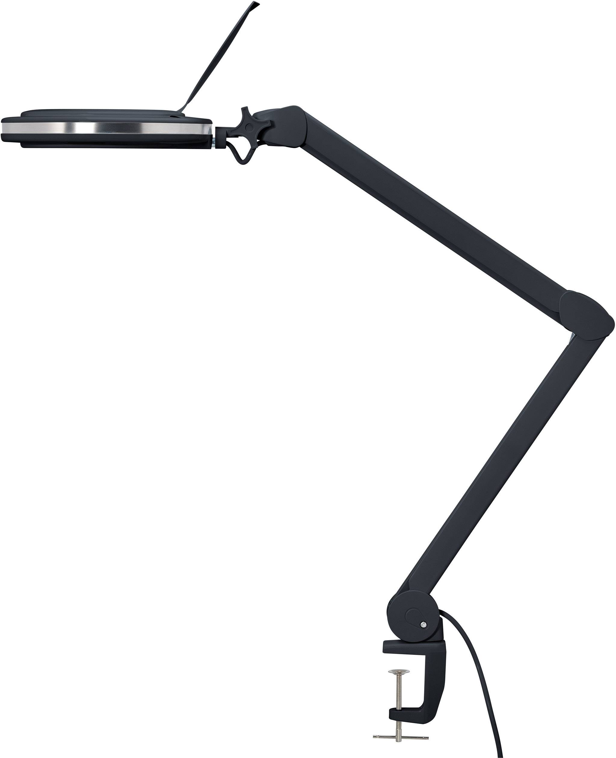 Eine schwarze Schreibtischlampe mit verstellbarem Arm und Klemme für den Tischrand.