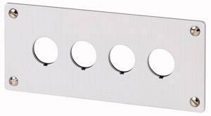 Metallplatte mit vier runden Öffnungen, gleichmäßig in einer Linie angeordnet, befestigt mit vier Schrauben an den Ecken.