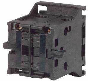 Schwarzer elektrischer Schalterblock mit zwei vertikalen Öffnungen und seitlichen Hebeln, geeignet für industrielle Anwendungen.