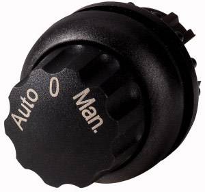 Schwarzer Drehschalter mit drei Einstellungen: 'Auto', '0', 'Man.'.