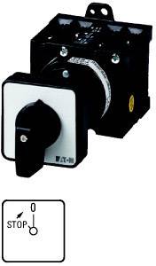 Ein schwarzer Schalthebel mit weißem Gesicht und Beschriftung. Darunter eine Skizze zeigt zwei Einstellungen: 'Stop' und '0'.