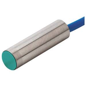 Zylindrischer Sensor mit blauem Kabel, Edelstahlgehäuse und türkisfarbener Spitze, geeignet für industrielle Anwendungen.