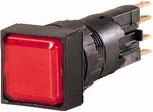 Roter quadratischer Knopf auf schwarzem Sockel, seitlich gesehen, mit Metallanschlüssen auf der Rückseite. Schalter für elektrische Geräte.