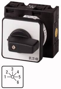 Drehschalter mit sechs Einstellungen. Zeigt Position und Beschriftung der Schaltvorgänge. Schaltplanskizze unten links.