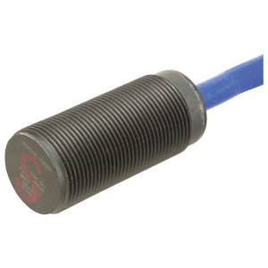 Zylindrischer, gerippter Sensor mit blauem Kabel, geeignet für industrielle Anwendungen und Erfassung von Objekten oder Signalen.