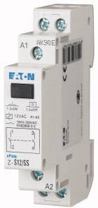 Ein weißes elektrisches Relais mit blauer EATON-Aufschrift, geeignet für DIN-Schienenmontage, zeigt technische Spezifikationen auf der Vorderseite.