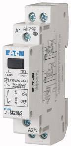 Ein Lastschütz von Eaton mit Modell Z-SC230/S für 230VAC. Enthält elektrische Anschlüsse und Montageanleitungen auf der Seite.