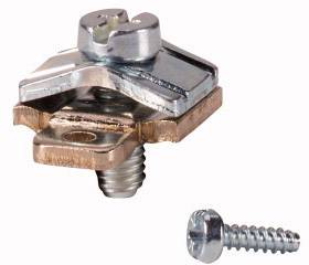 Metallschraubklemme mit quadratischer Befestigungsplatte und zusätzlicher kleiner Schraube. Geeignet für elektrische Verbindungen.