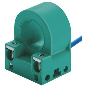Grüner Stromsensor in Ringform mit Kabelanschluss, verwendet zur Messung von elektrischen Strömen.