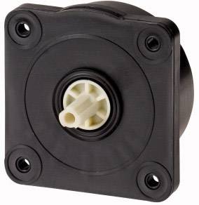 Ein schwarzer quadratischer Knopf mit vier Schraubenlöchern an den Ecken und einem zentralen weißen Noppen in der Mitte.