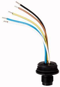 Ein elektrischer Stecker mit fünf farbigen, abisolierten Drähten. Die Drähte sind schwarz, gelb, orange, blau und weiß.