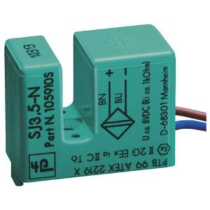 Grünes, rechteckiges elektronisches Bauteil mit der Aufschrift 'SJ3,5-N', mehreren Anschlüssen und technischen Details.