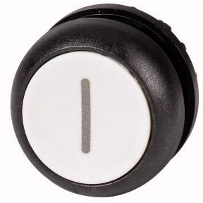 Runder, schwarzer Knopf mit einem weißen, horizontalen Strich in der Mitte. Wahrscheinlich ein Schalter oder Bedienelement.