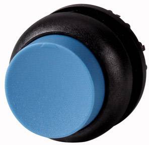 Ein runder blauer Knopf in einer schwarzen Fassung, sichtbar von der Seite. Typischerweise für elektronische Geräte oder Maschinen verwendet.