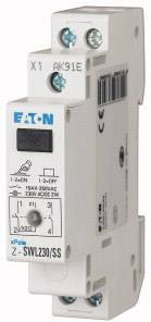 Ein weißer elektrischer Schalter von EATON mit blauer Beschriftung und Anpassungsschrauben, geeignet für Montage auf einer DIN-Schiene.