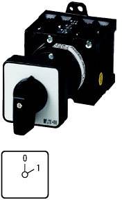 Schwarzer Drehschalter mit weißer Beschriftung, zeigt die Positionen '0' und '1' an. Verwendet zur Steuerung elektrischer Geräte.