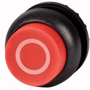 Roter runder Knopf mit einem weißen Kreissymbol in der Mitte, eingebettet in eine schwarze Fassung; typisches Not-Aus-Schalterdesign.