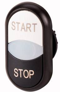 Schalter mit zwei Tasten: Oben steht 'START' in Weiß, unten 'STOP' in Schwarz.
