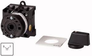 Drehschalter mit Zubehör, zeigt Positionen 0 und 1. Enthält schwarze Schaltereinheit, quadratische Montageplatte und schwarzen Griff.