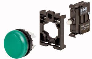 Grüner Druckknopf mit Montagehalterung und elektrischer Anschlusskomponente, geeignet für industrielle Steuerungspanels.