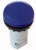 Blauer runder Knopf mit weißer Basis, möglicherweise ein Druckknopf oder Bedienelement in einem technischen Gerät oder einer Maschine.