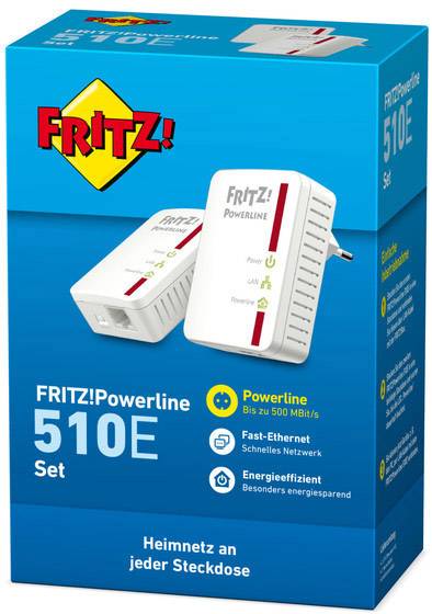 AVM FRITZ!Powerline 510E - Powerline Adapterkit - HomePlug AV (HPAV) - an Wandsteckdose anschließbar (Packung mit 2)