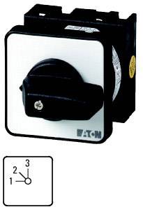 Schwarzer Drehschalter auf silbernem Vordergrund. Diagramm zeigt Positionen '0', '1', '3'. Herstellerlogo unten rechts.