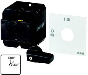 'Schalter mit Beschriftung: OFF, ON, STOP, START.' Ein schwarzes Schaltergehäuse und eine weiße, beschriftete Frontplatte.