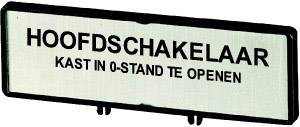 Schild mit der Aufschrift 'Hoofdschakelaar Kast in 0-stand te openen', was darauf hinweist, dass der Hauptschalter bei Nullstellung geöffnet werden soll.