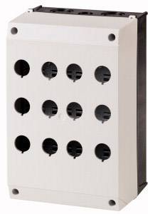 Ein mehrreihiger elektrischer Gehäusekasten mit neun runden Öffnungen, geeignet zum Einbau von Tasten oder Kontrollleuchten.