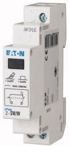 Ein weißer elektrischer Sicherungsautomat der Marke Eaton mit technischen Aufdrucken und einem Ein-/Ausschalter.