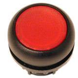 Roter Knopf mit schwarzem Rand, typisch für mechanische Schalter oder elektronische Geräte.