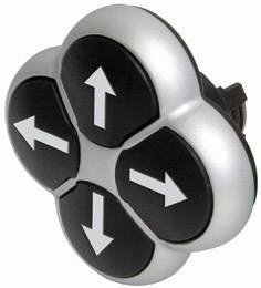 Ein runder Knopf mit vier Pfeilen, die nach oben, unten, links und rechts zeigen. Dient zur Steuerung oder Navigation.