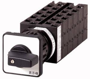 Drehschalter von Eaton mit schwarzem Griff auf rechteckiger Basis vor weißem Hintergrund. Er dient zur Steuerung elektrischer Geräte.