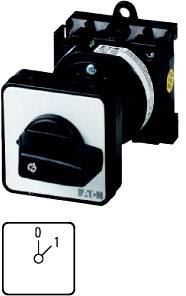Ein elektrischer Drehschalter mit zwei Positionen: '0' für Aus und '1' für Ein. Einfache, industrielle Ausführung aus schwarzem Kunststoff.